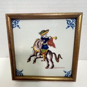 Vintage Royal Makkum Tichelaar Ceramic Tile Painting with Gold Wooden Frame